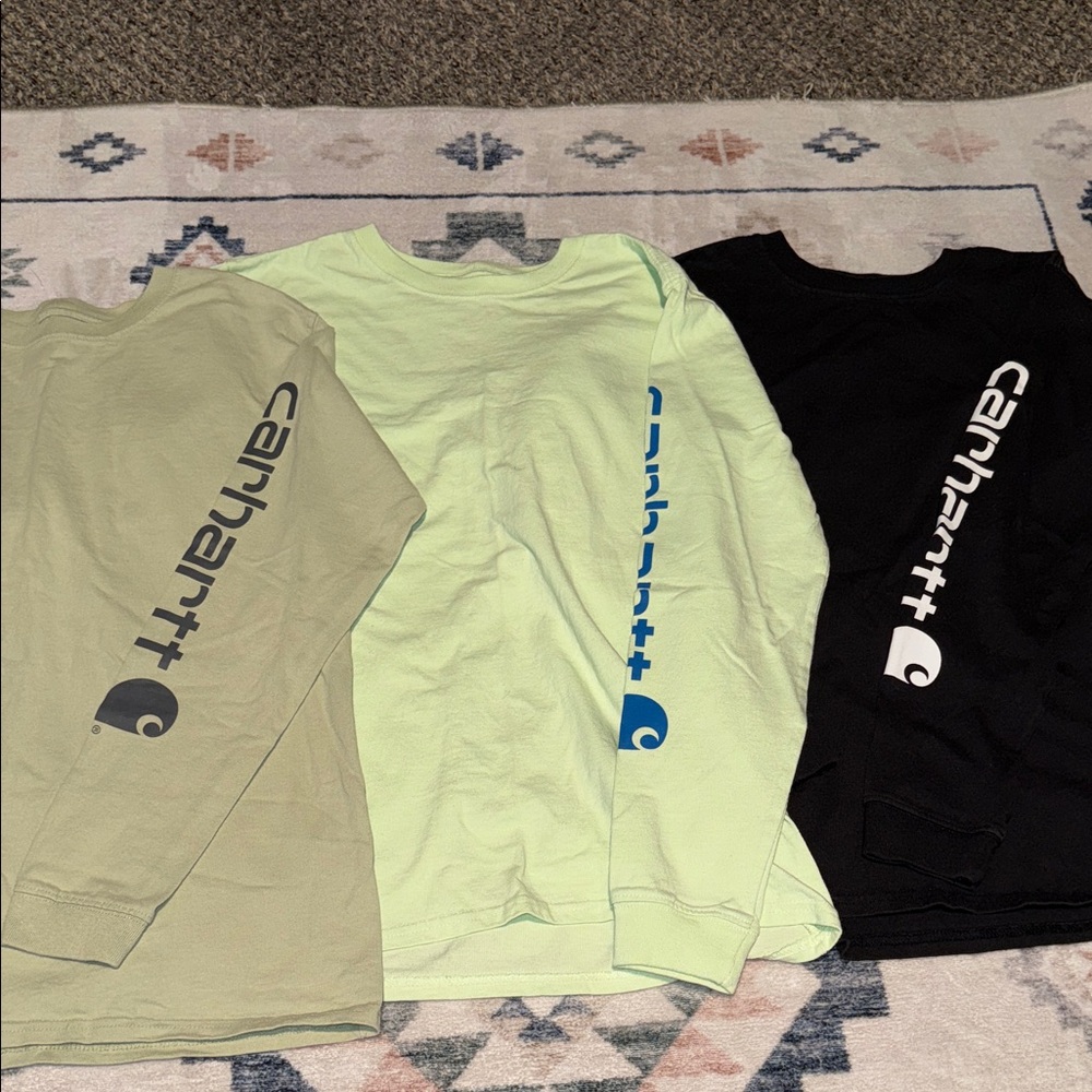 Carhartt Logo Long Sleeve Shirts in Light Green, Olive, and Black